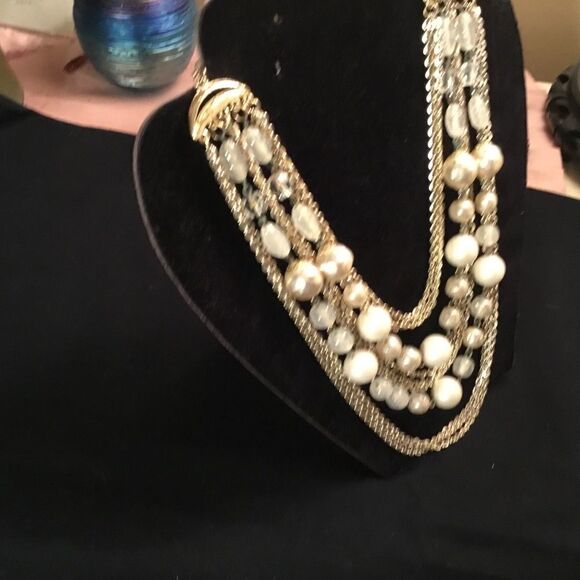 Silvertone Chains with White Beads and Faux Pearls Necklace - Picture 7 of 7